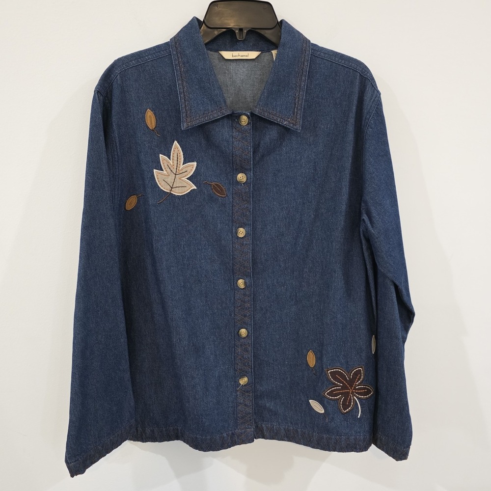 Bechamel Womens Leaf Embroidered Jean Jacket Size Medium Fairy Indie Nature Fall